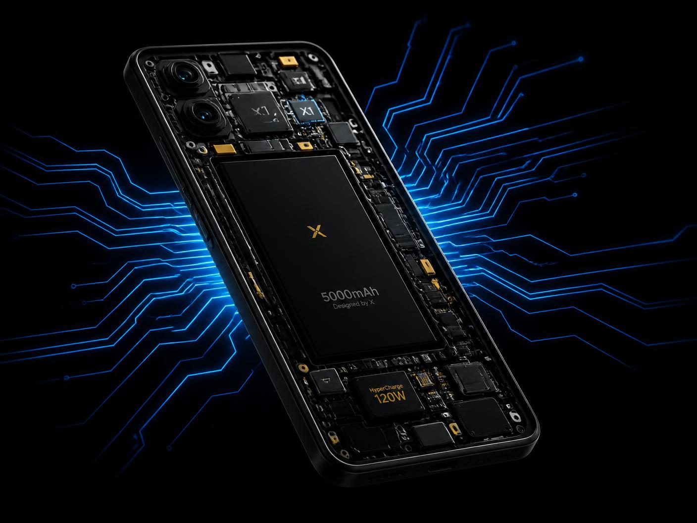 Smartphone interior with glowing blue circuit traces